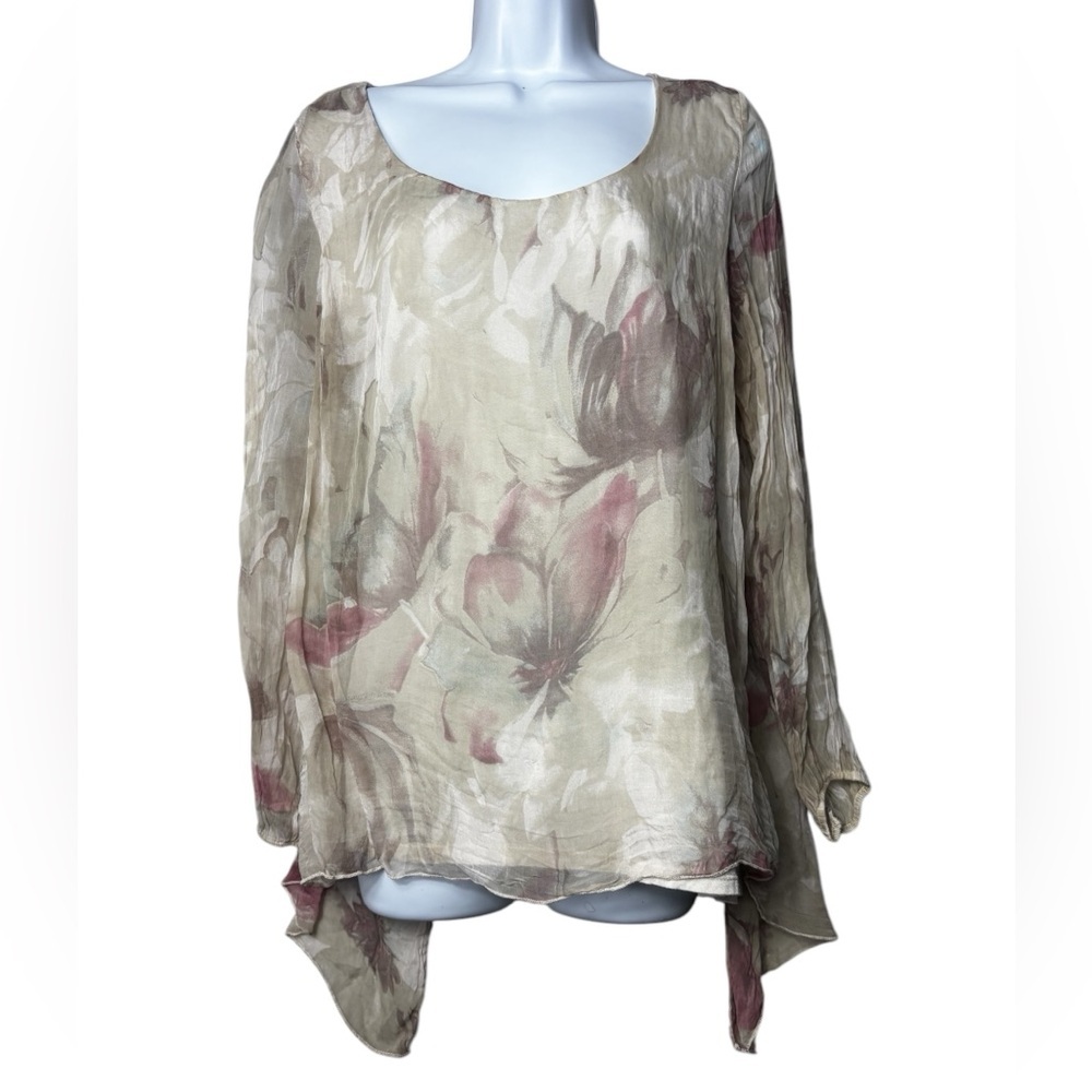 Marina Gigli Silk Overlay top made in Italy Size Medium M White Tan Floral